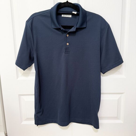 Men Cubavera Essential Textured Striped Polo Shirt in Dark Navy Size Medium - Picture 2 of 8